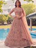 Stunning Dust Pink Diamond Work Net Wedding Wear Lehenga Choli With Dupatta