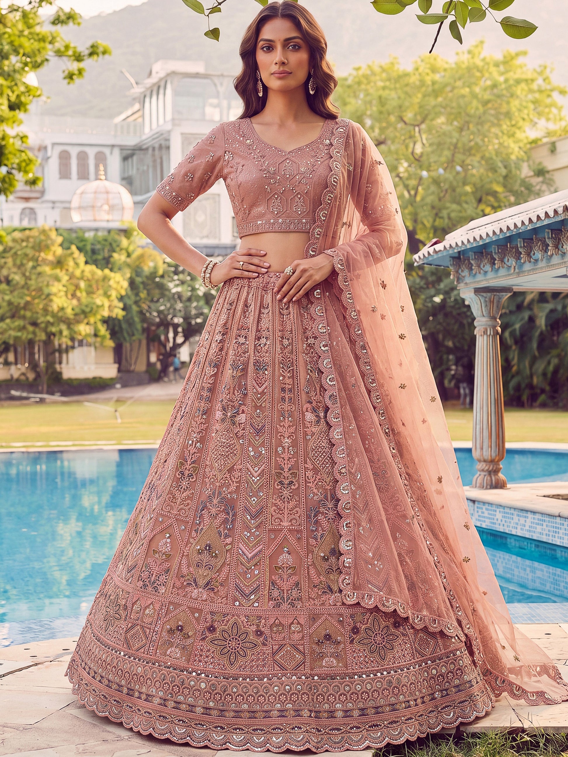 Stunning Dust Pink Diamond Work Net Wedding Wear Lehenga Choli With Dupatta