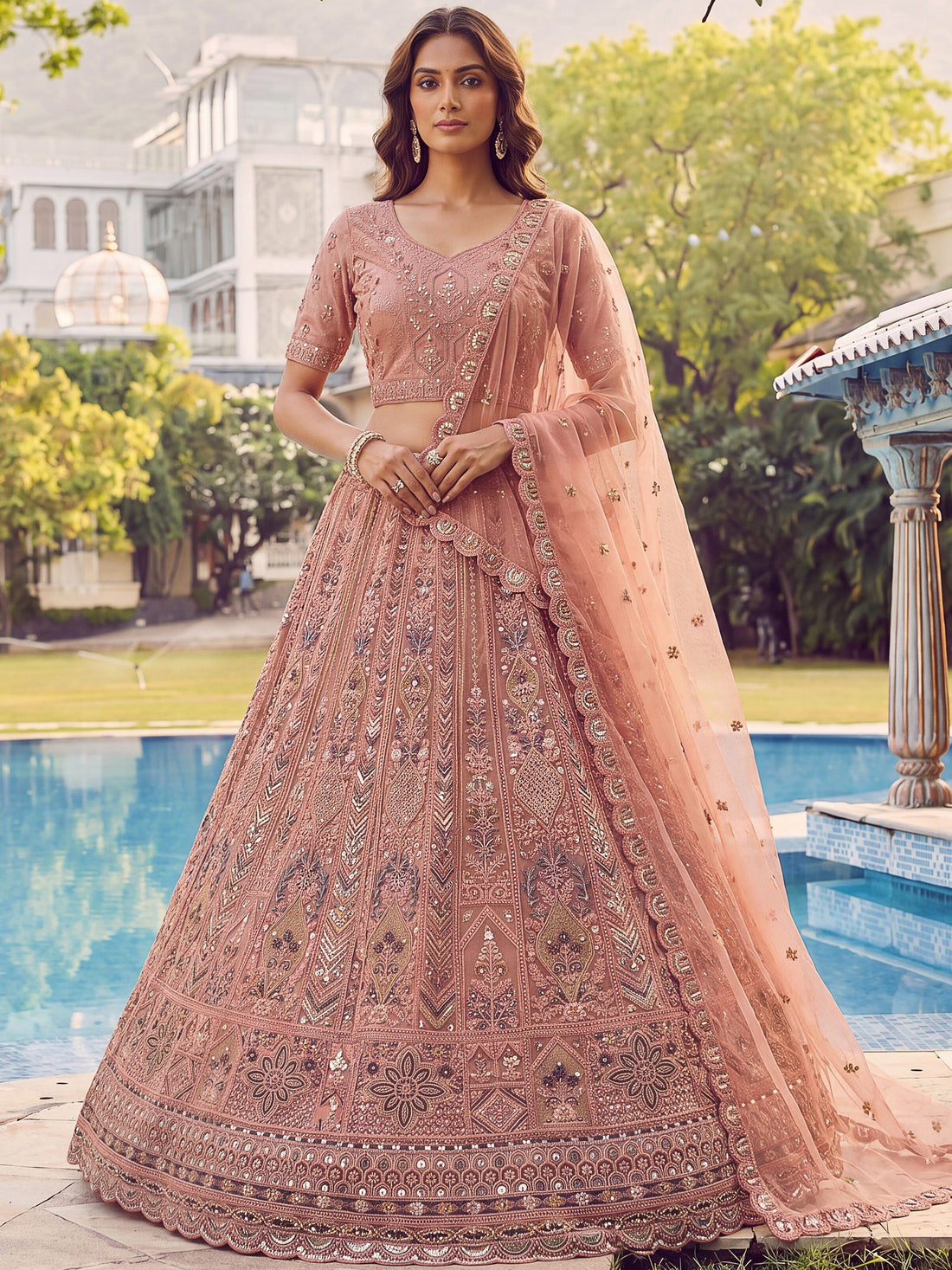 Stunning Dust Pink Diamond Work Net Wedding Wear Lehenga Choli With Dupatta