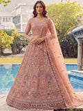 Stunning Dust Pink Diamond Work Net Wedding Wear Lehenga Choli With Dupatta
