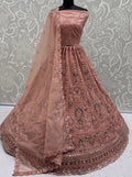 Stunning Dust Pink Diamond Work Net Wedding Wear Lehenga Choli With Dupatta