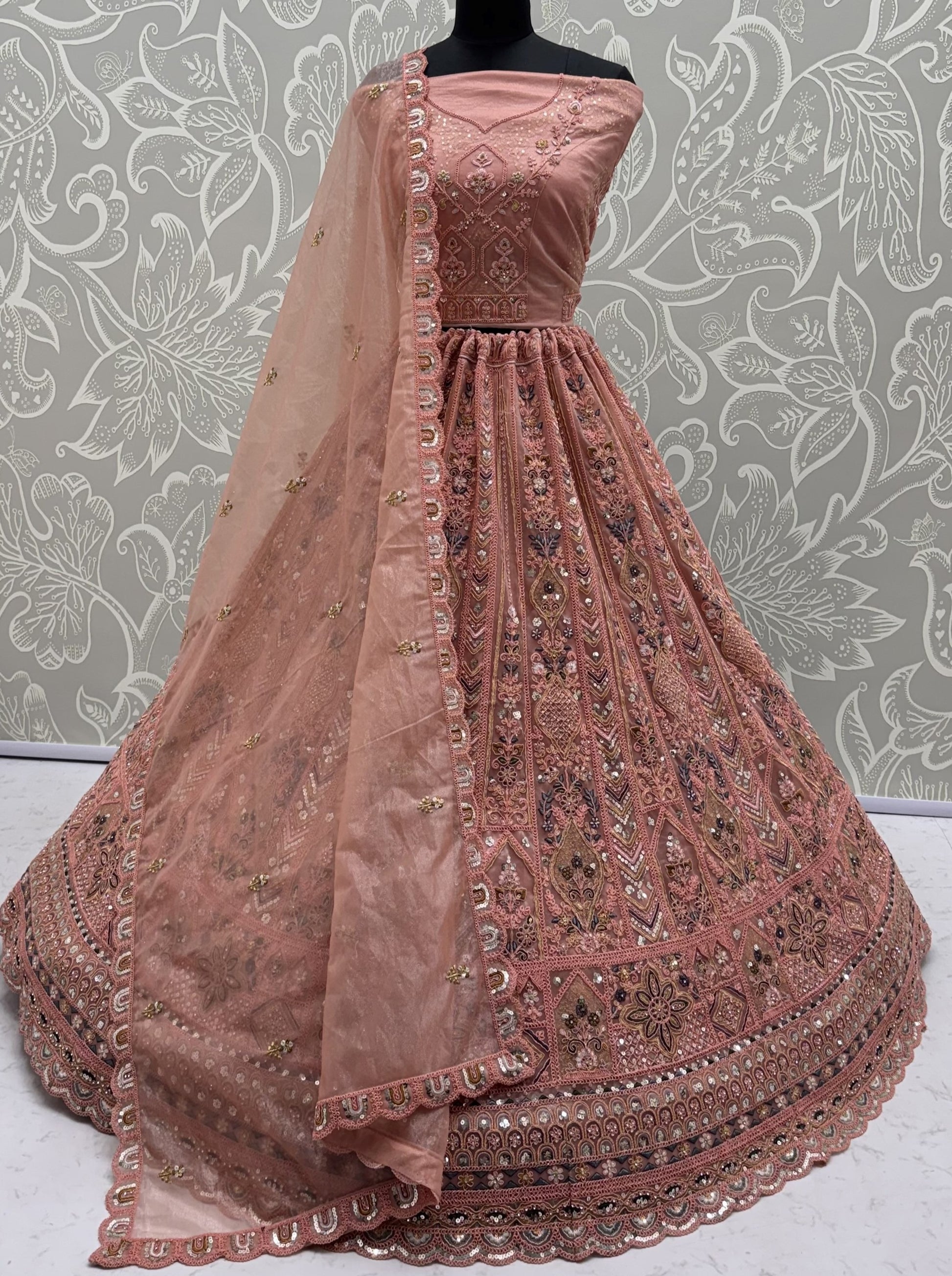 Stunning Dust Pink Diamond Work Net Wedding Wear Lehenga Choli With Dupatta