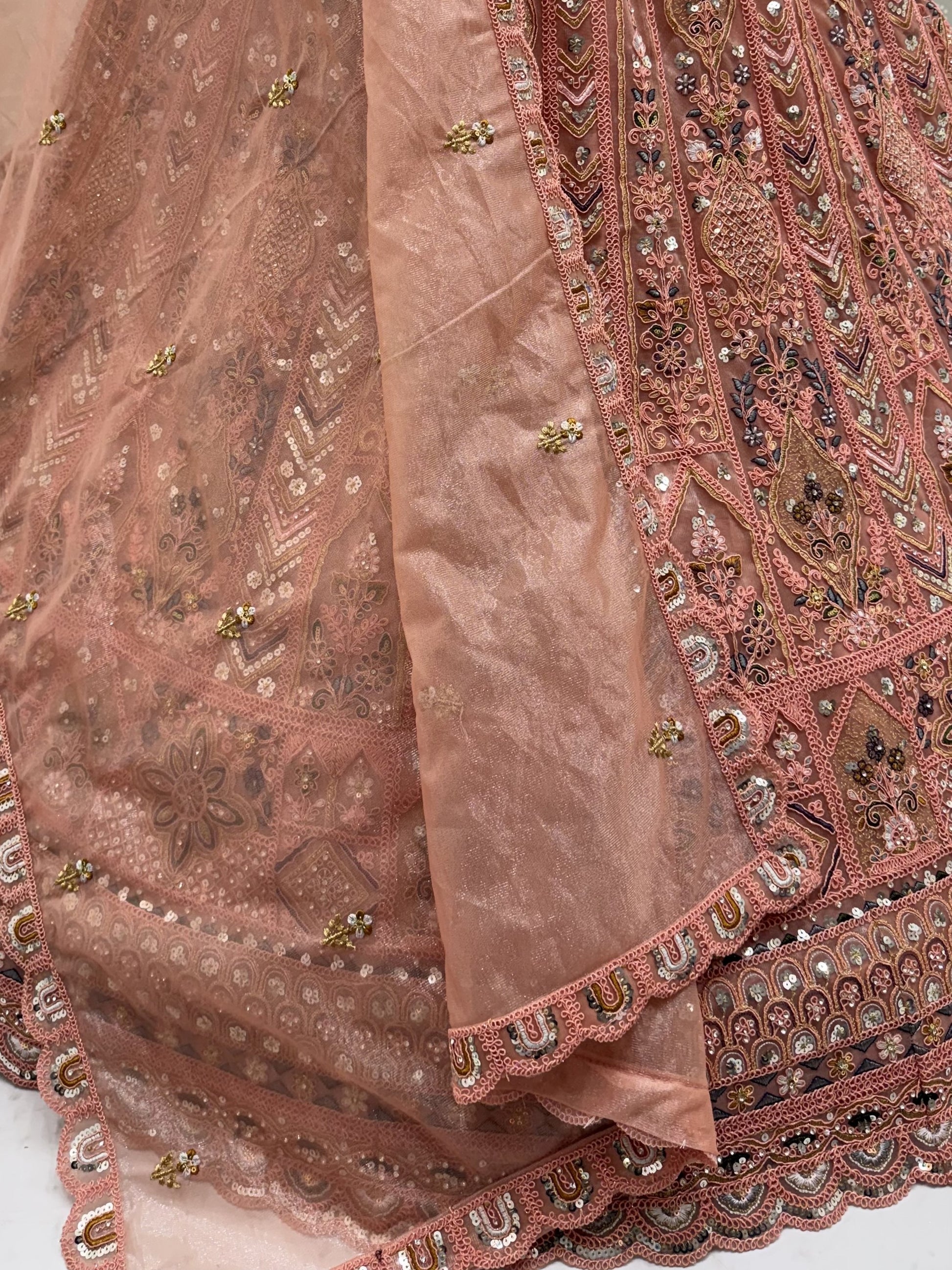 Stunning Dust Pink Diamond Work Net Wedding Wear Lehenga Choli With Dupatta