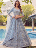 Gorgeous Sky Blue Sequins Work Net Wedding Wear Lehenga Choli With Dupatta