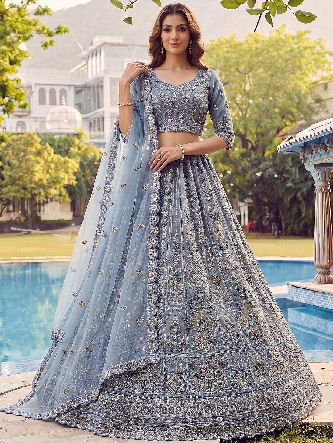 Gorgeous Sky Blue Sequins Work Net Wedding Wear Lehenga Choli With Dupatta
