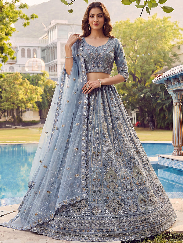 Gorgeous Sky Blue Sequins Work Net Wedding Wear Lehenga Choli With Dupatta