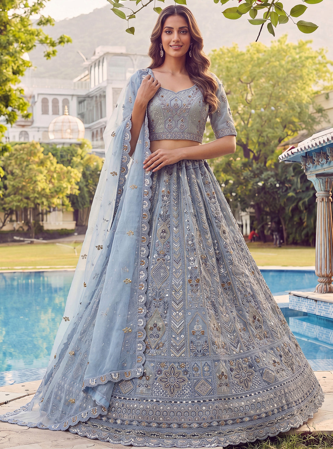 Gorgeous Sky Blue Sequins Work Net Wedding Wear Lehenga Choli With Dupatta