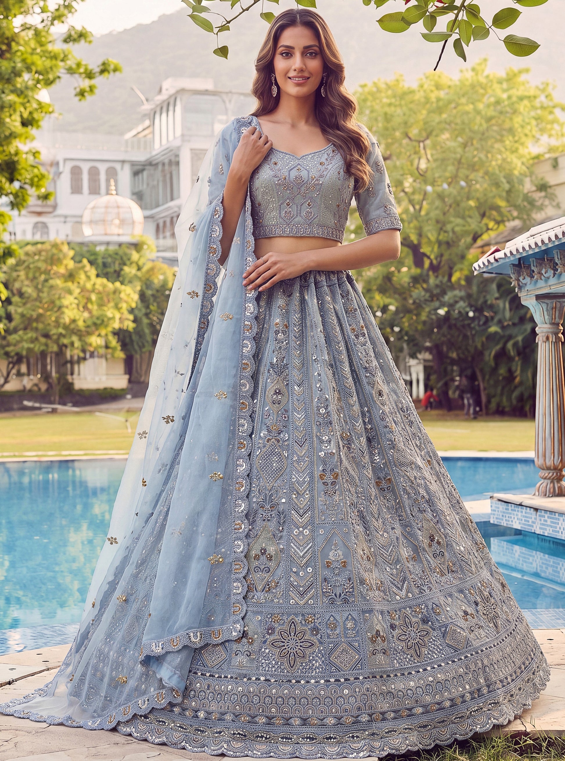 Gorgeous Sky Blue Sequins Work Net Wedding Wear Lehenga Choli With Dupatta