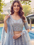 Gorgeous Sky Blue Sequins Work Net Wedding Wear Lehenga Choli With Dupatta