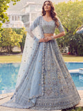 Gorgeous Sky Blue Sequins Work Net Wedding Wear Lehenga Choli With Dupatta