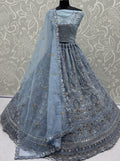 Gorgeous Sky Blue Sequins Work Net Wedding Wear Lehenga Choli With Dupatta