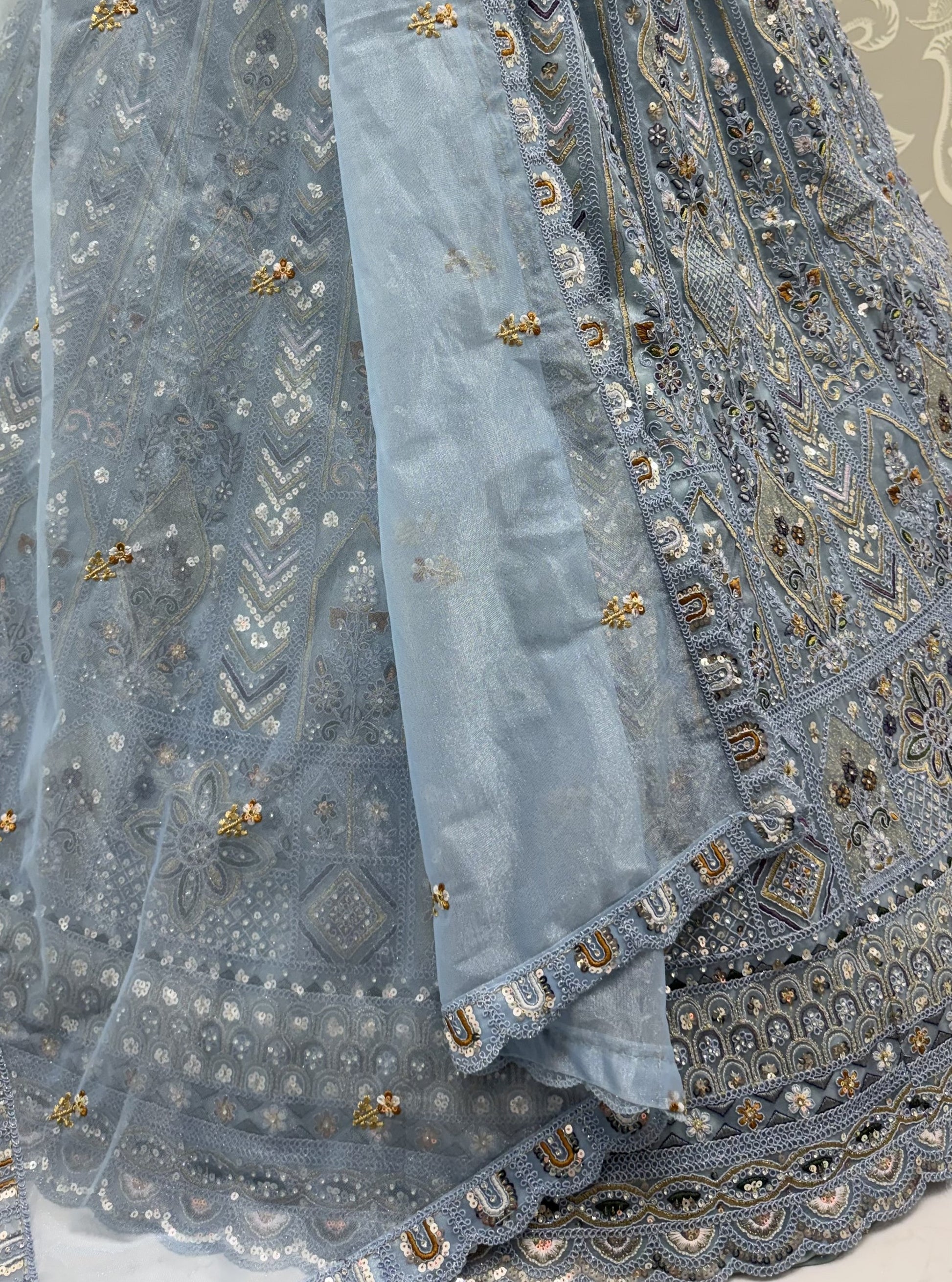 Gorgeous Sky Blue Sequins Work Net Wedding Wear Lehenga Choli With Dupatta