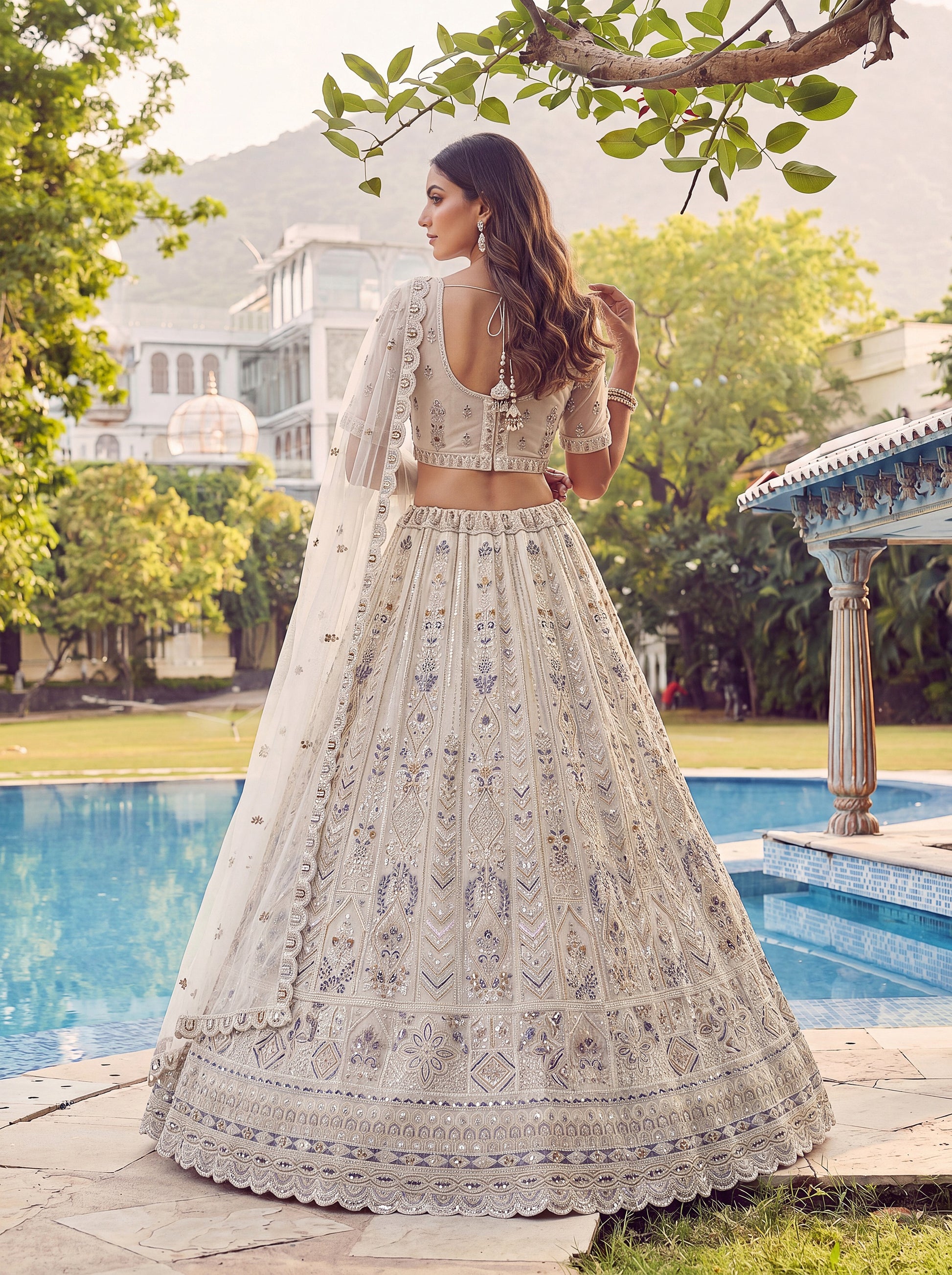 Wonderful Off-White Sequins Work Net Bridesmaid Wear Lehenga Choli With Dupatta