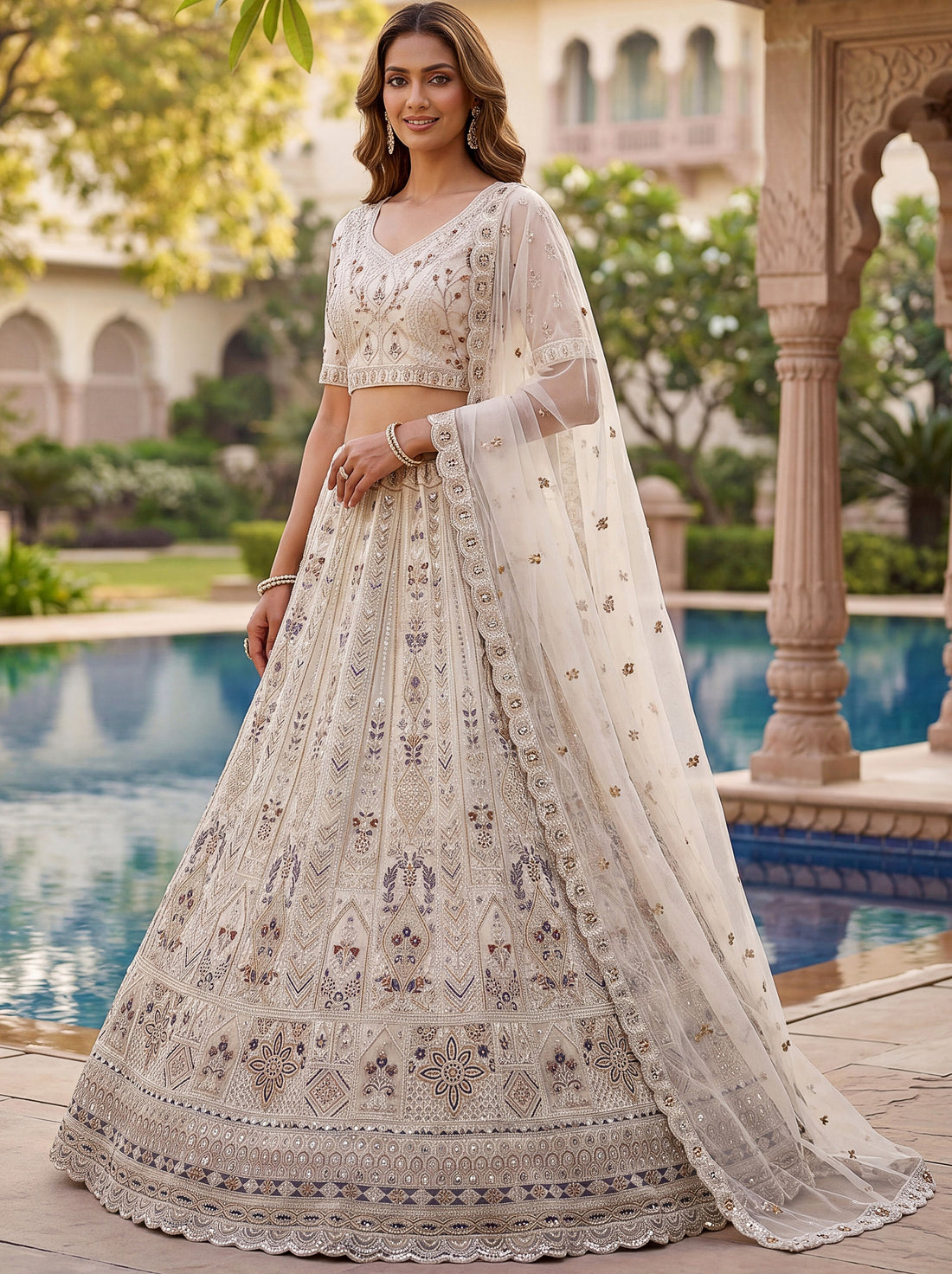 Wonderful Off-White Sequins Work Net Bridesmaid Wear Lehenga Choli With Dupatta