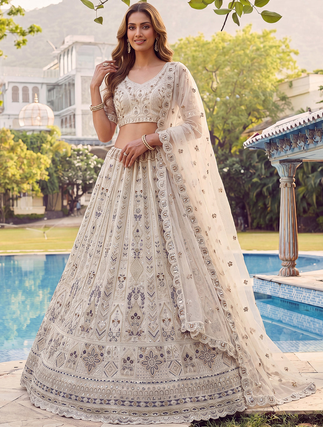 Wonderful Off-White Sequins Work Net Bridesmaid Wear Lehenga Choli With Dupatta