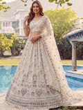 Wonderful Off-White Sequins Work Net Bridesmaid Wear Lehenga Choli With Dupatta