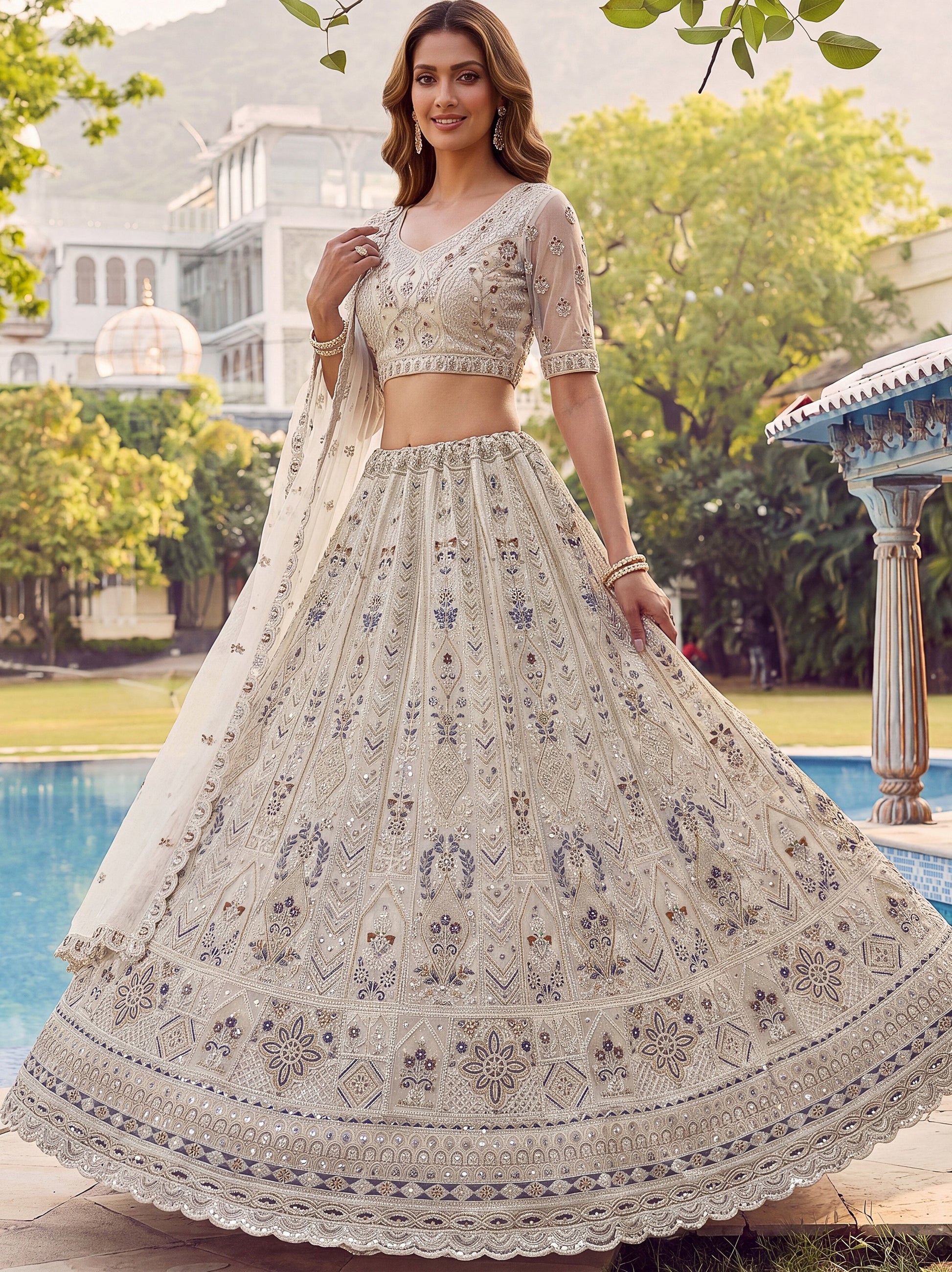 Wonderful Off-White Sequins Work Net Bridesmaid Wear Lehenga Choli With Dupatta