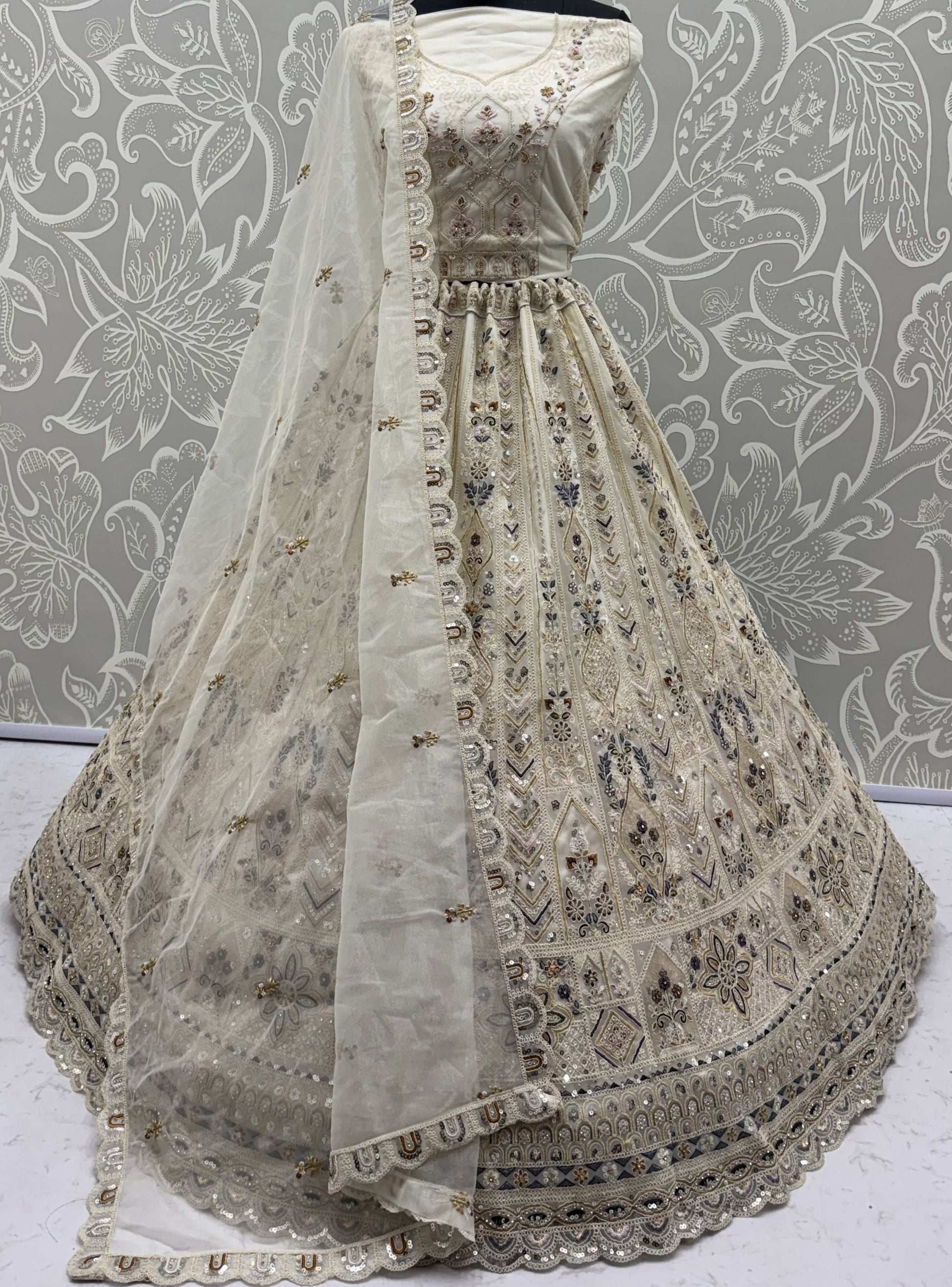 Wonderful Off-White Sequins Work Net Bridesmaid Wear Lehenga Choli With Dupatta