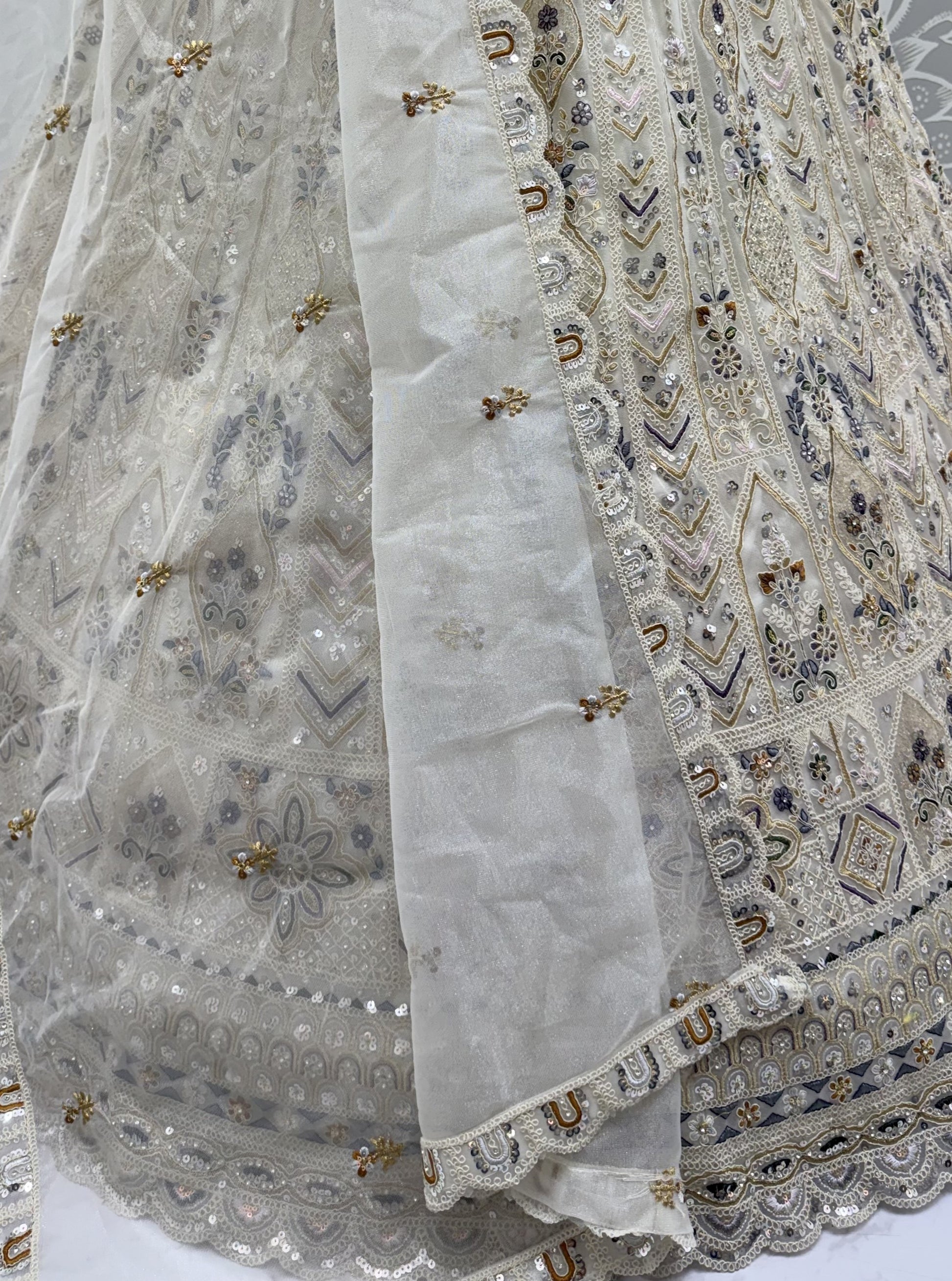 Wonderful Off-White Sequins Work Net Bridesmaid Wear Lehenga Choli With Dupatta