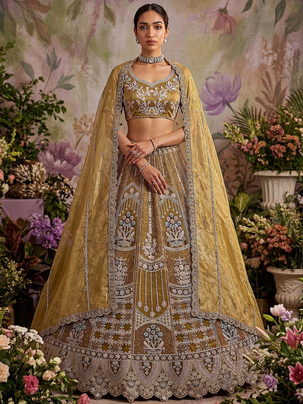 Gorgeous Golden Embroidered Net Wedding Wear Lehenga Choli With Dupatta