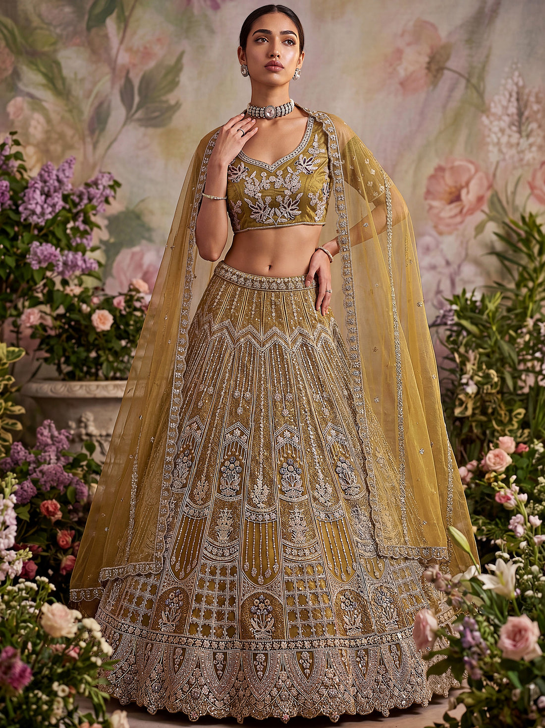 Gorgeous Golden Embroidered Net Wedding Wear Lehenga Choli With Dupatta