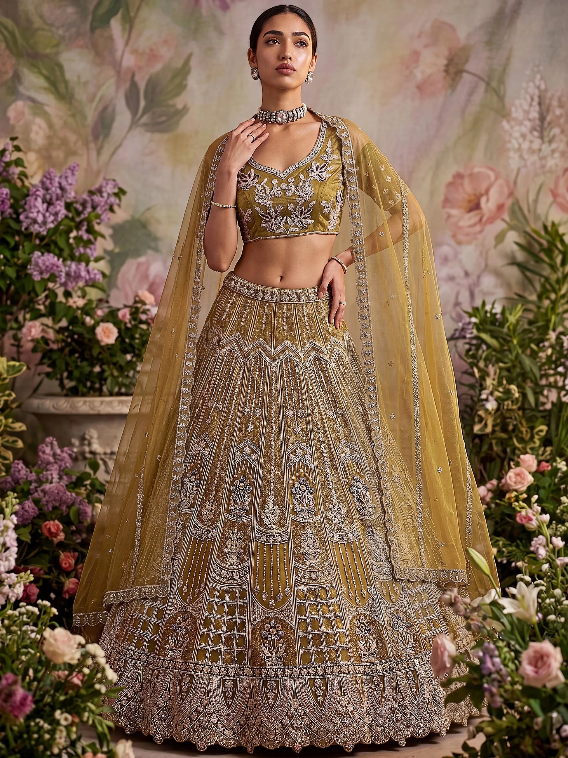 Gorgeous Golden Embroidered Net Wedding Wear Lehenga Choli With Dupatta