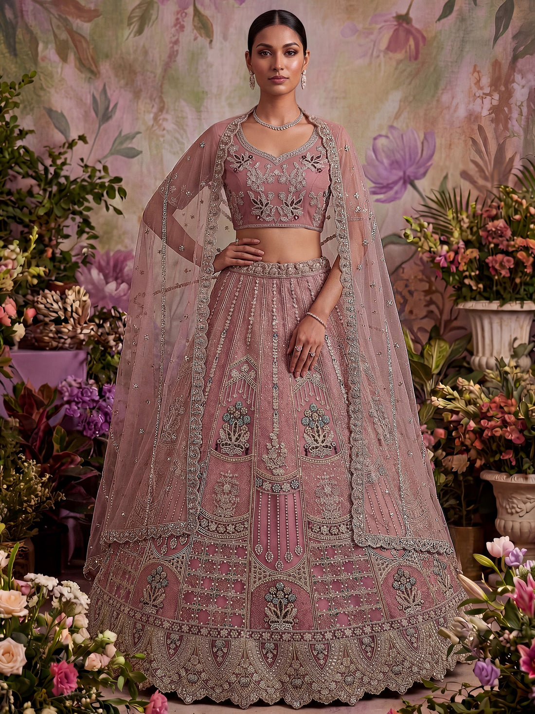 Majestic Dusty Pink Sequin Work Net Reception Wear Lehenga Choli With Dupatta