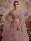Majestic Dusty Pink Sequin Work Net Reception Wear Lehenga Choli With Dupatta