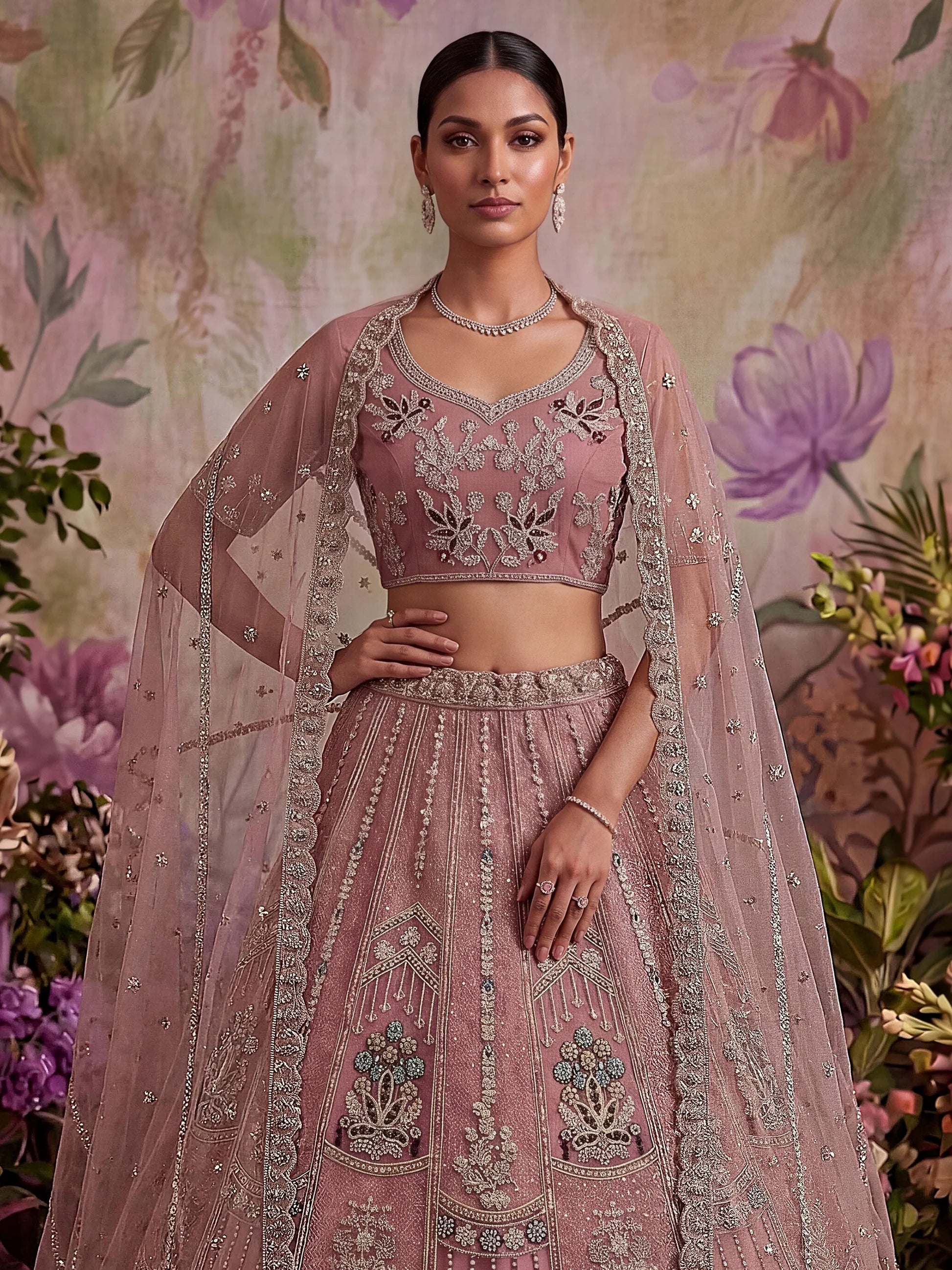Majestic Dusty Pink Sequin Work Net Reception Wear Lehenga Choli With Dupatta