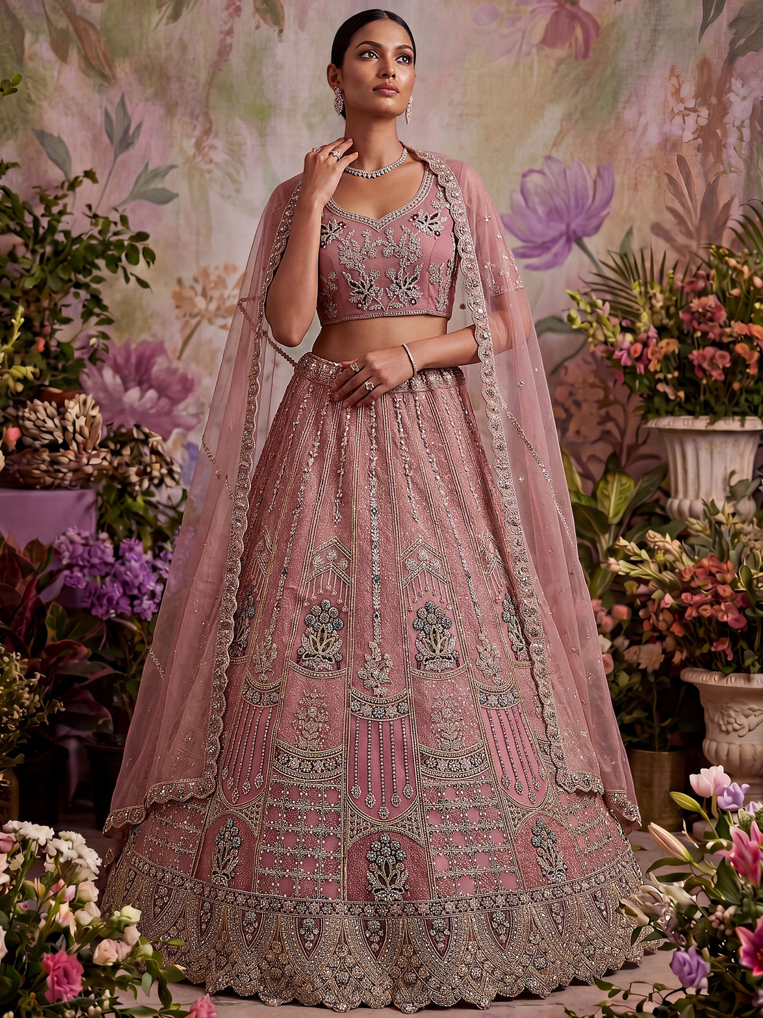 Majestic Dusty Pink Sequin Work Net Reception Wear Lehenga Choli With Dupatta