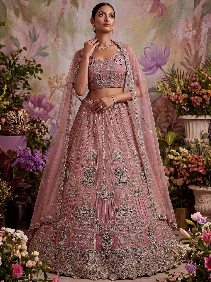 Majestic Dusty Pink Sequin Work Net Reception Wear Lehenga Choli With Dupatta