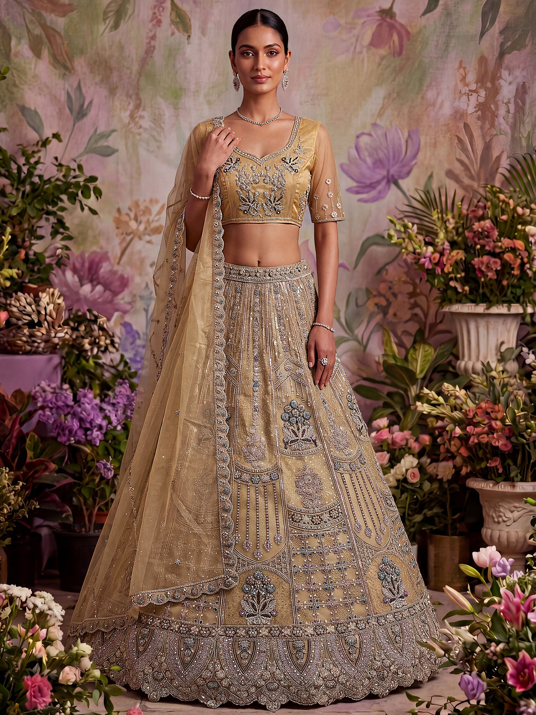 Alluring Beige  Floral  Embroidery Net Bridesmaid Wear Lehenga Choli With Dupatta