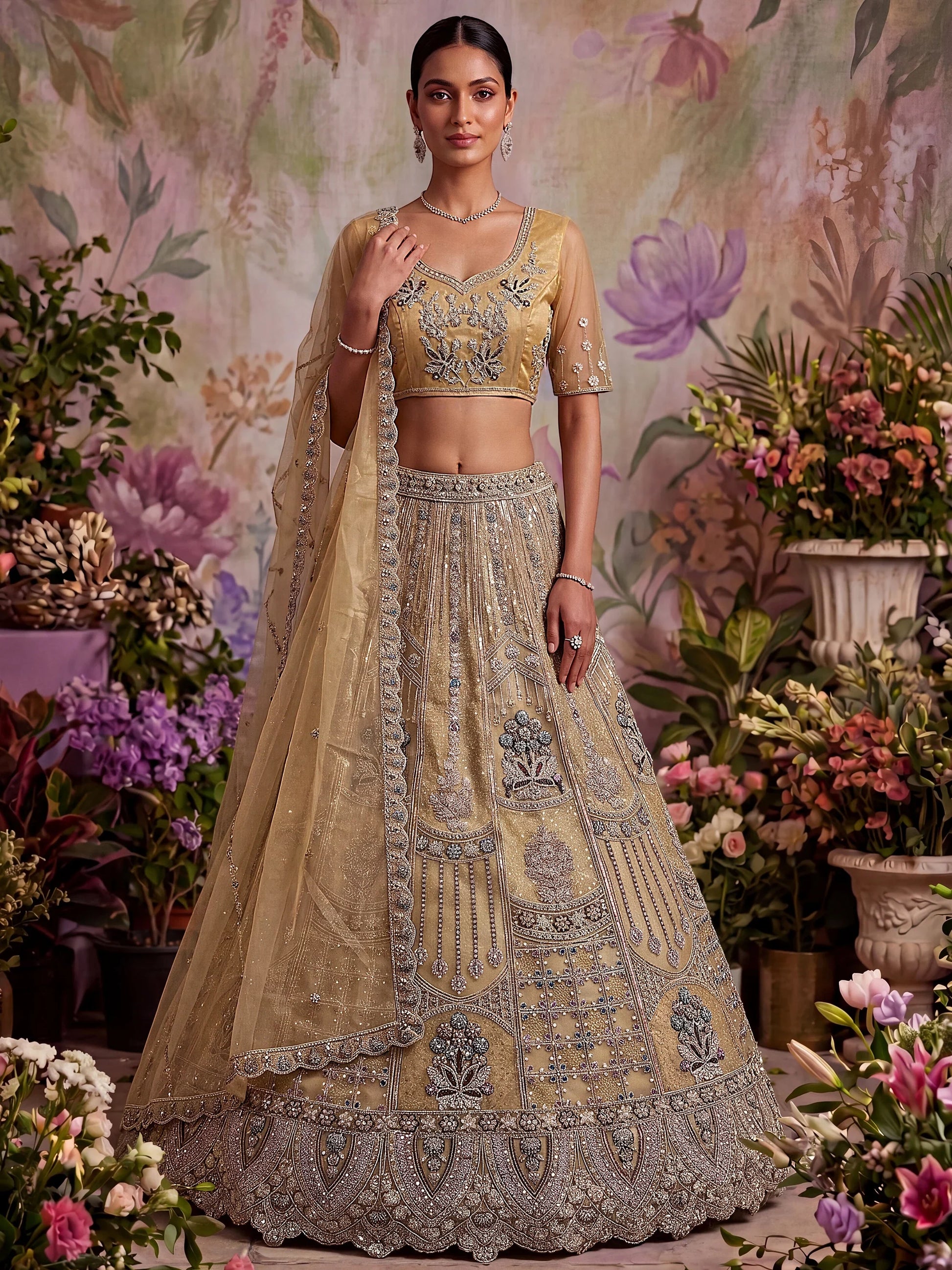 Alluring Beige  Floral  Embroidery Net Bridesmaid Wear Lehenga Choli With Dupatta