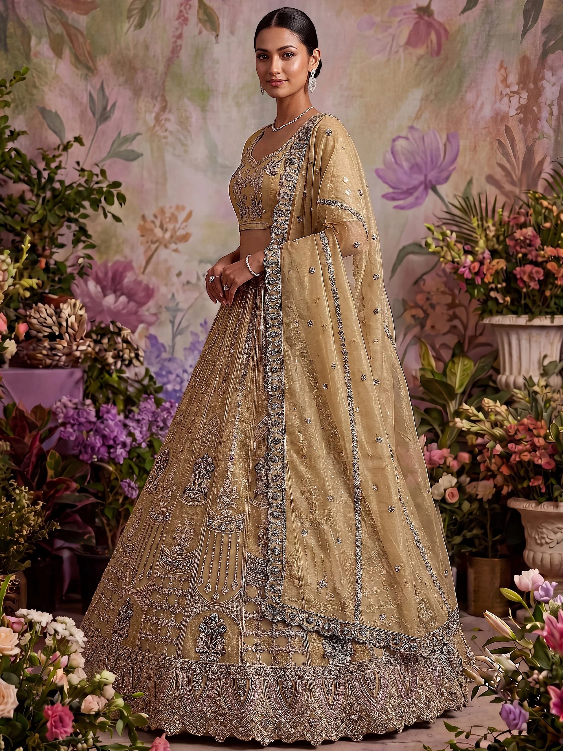 Alluring Beige  Floral  Embroidery Net Bridesmaid Wear Lehenga Choli With Dupatta