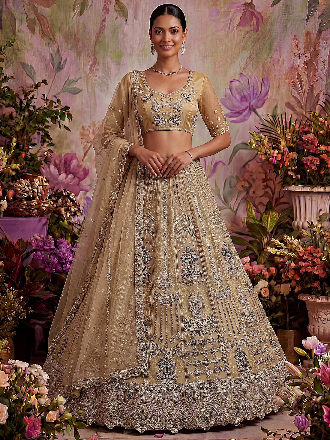 Alluring Beige  Floral  Embroidery Net Bridesmaid Wear Lehenga Choli With Dupatta