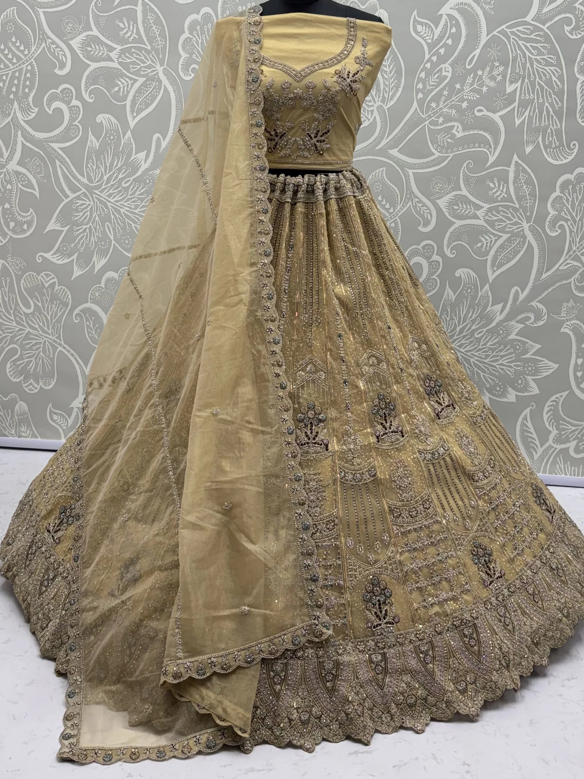 Alluring Beige  Floral  Embroidery Net Bridesmaid Wear Lehenga Choli With Dupatta