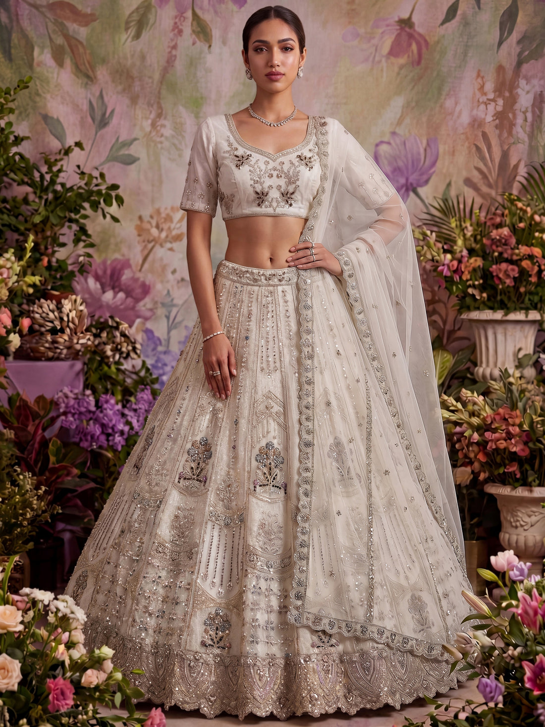 Precious White sequins work Net Wedding Wear Lehenga Choli With Dupatta