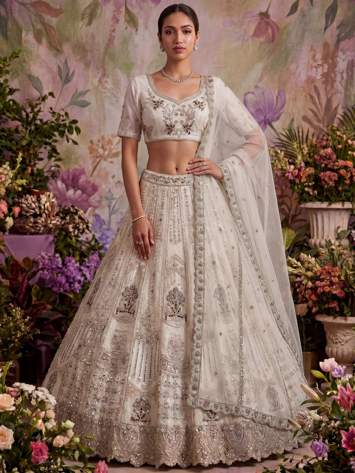 Precious White sequins work Net Wedding Wear Lehenga Choli With Dupatta