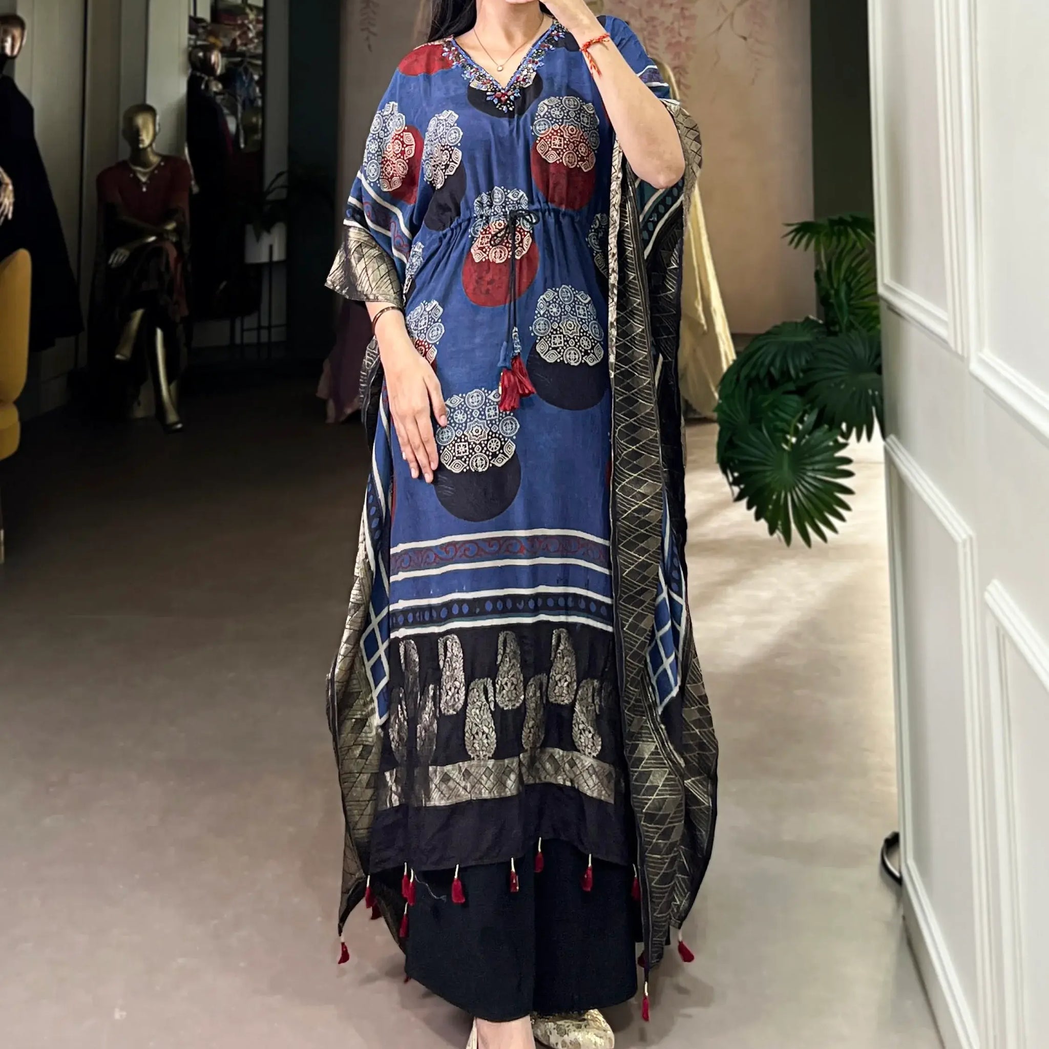 Entrancing Blue Digital Printed Viscose Silk Festive Wear Kaftan