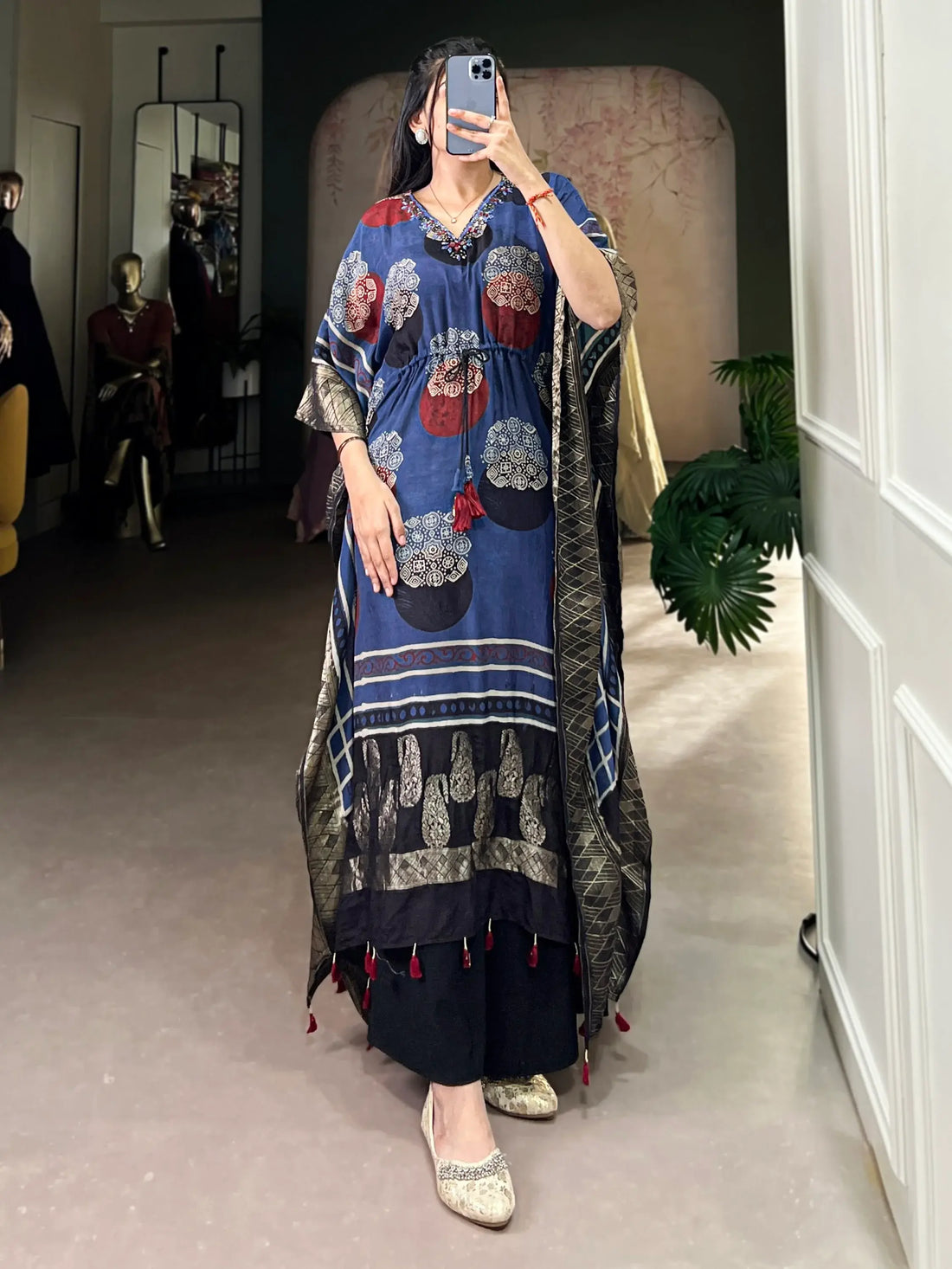 Entrancing Blue Digital Printed Viscose Silk Festive Wear Kaftan