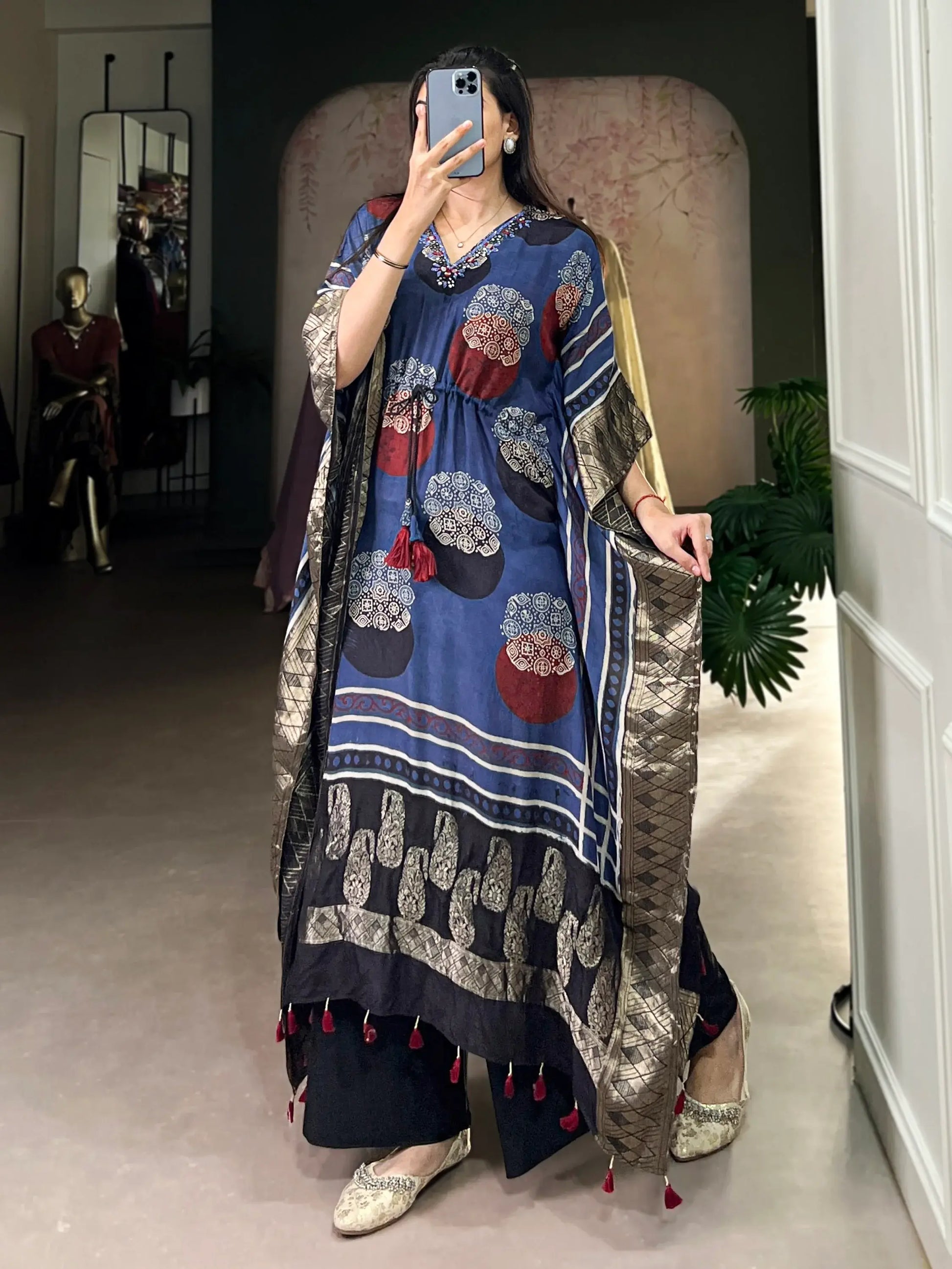 Entrancing Blue Digital Printed Viscose Silk Festive Wear Kaftan