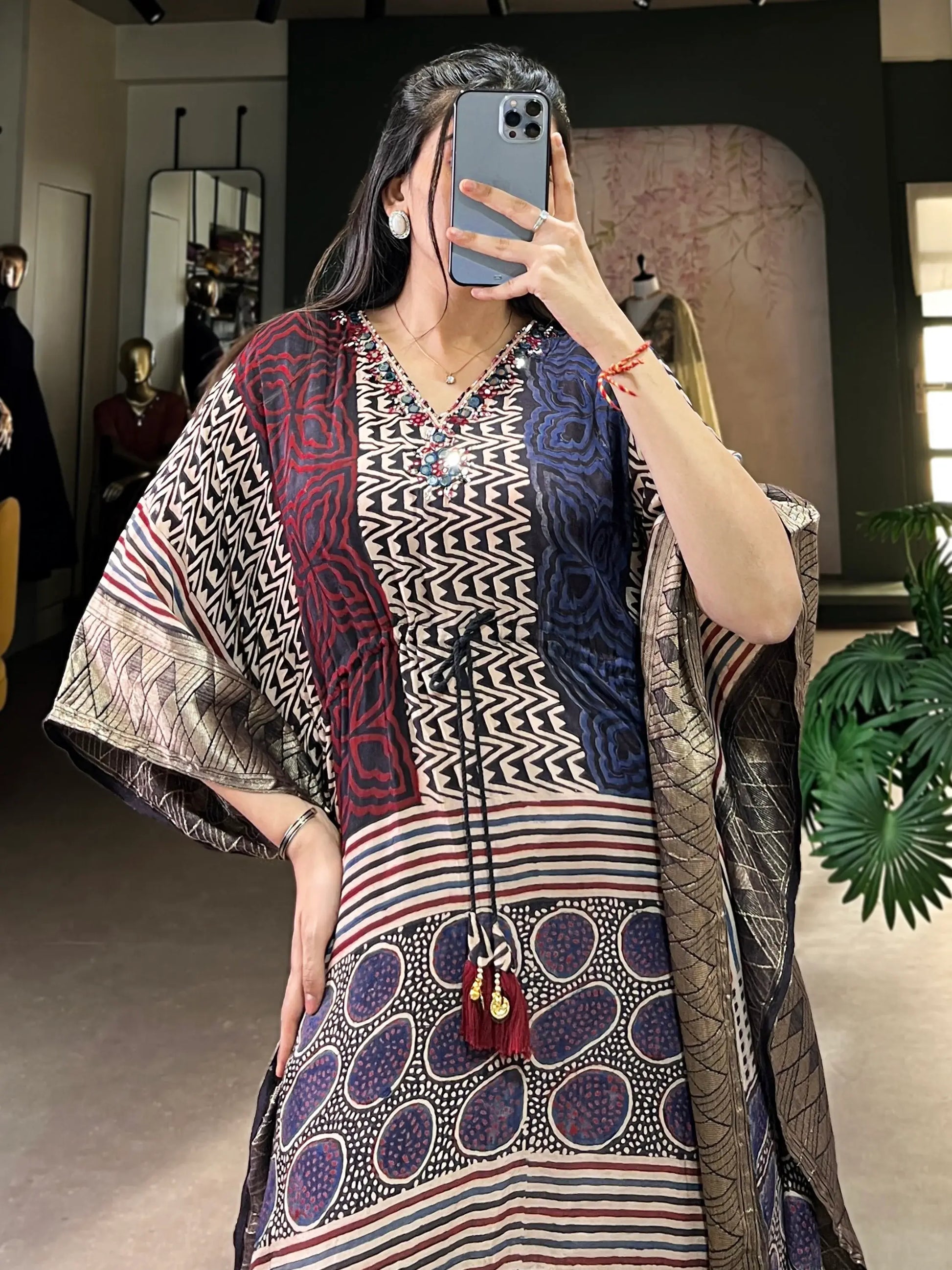 Captivating Multi-Color Mirror Work Viscose Silk Function Wear Kaftan