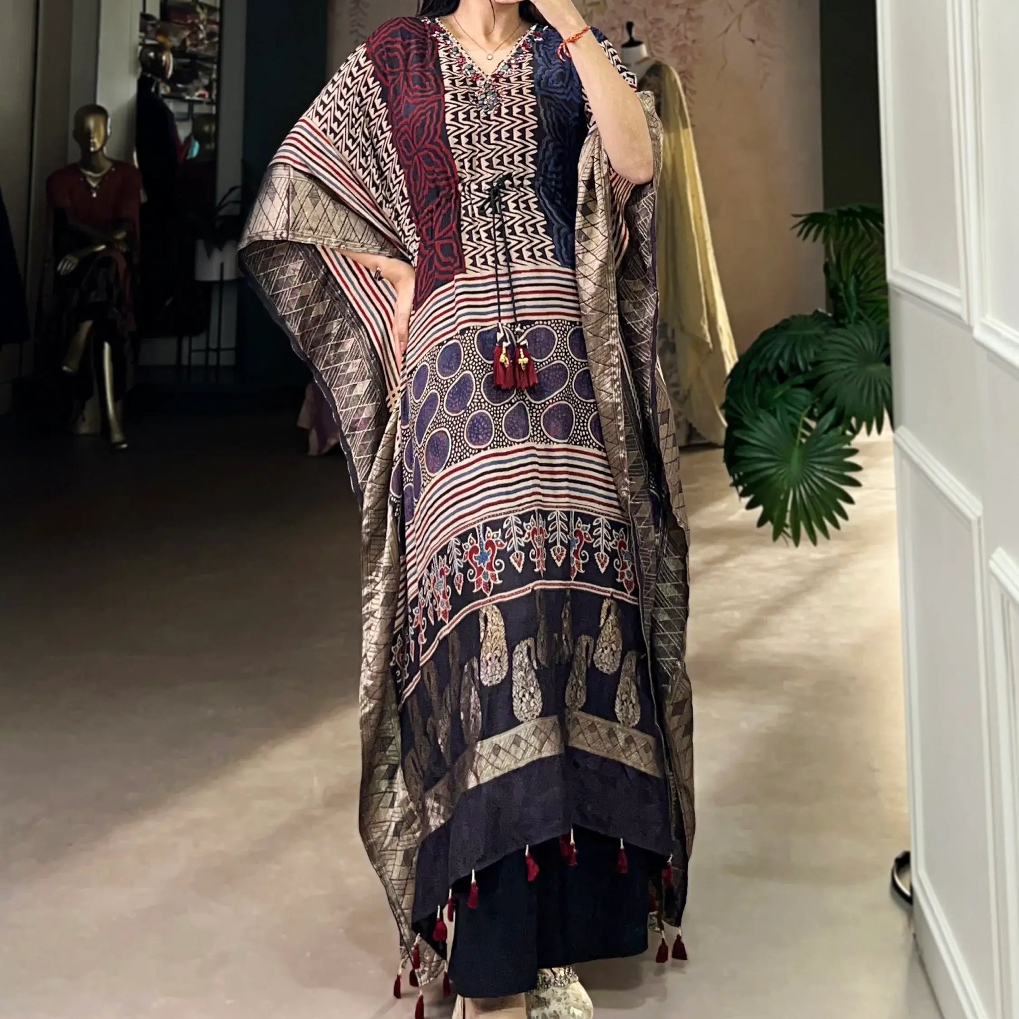 Captivating Multi-Color Mirror Work Viscose Silk Function Wear Kaftan