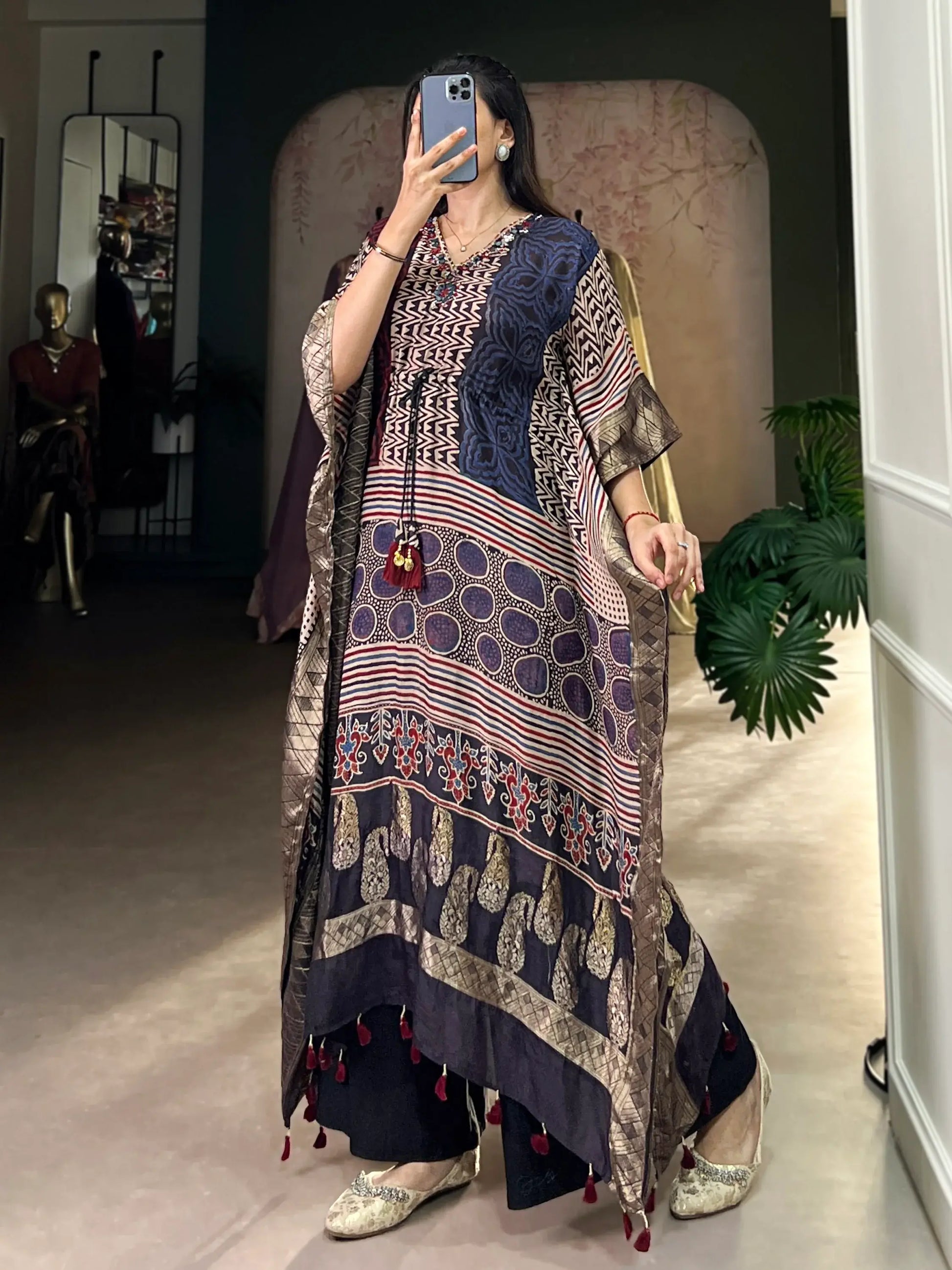 Captivating Multi-Color Mirror Work Viscose Silk Function Wear Kaftan