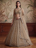 Glowing Beige Embroidery Net Reception Wear Lehenga Choli With Dupatta