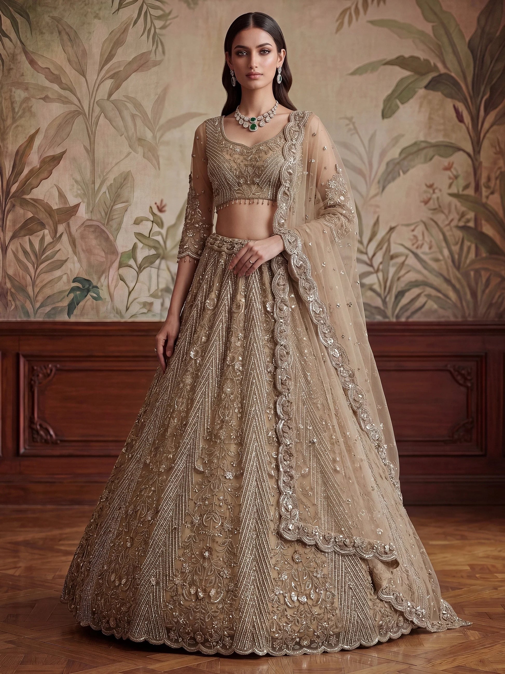 Glowing Beige Embroidery Net Reception Wear Lehenga Choli With Dupatta