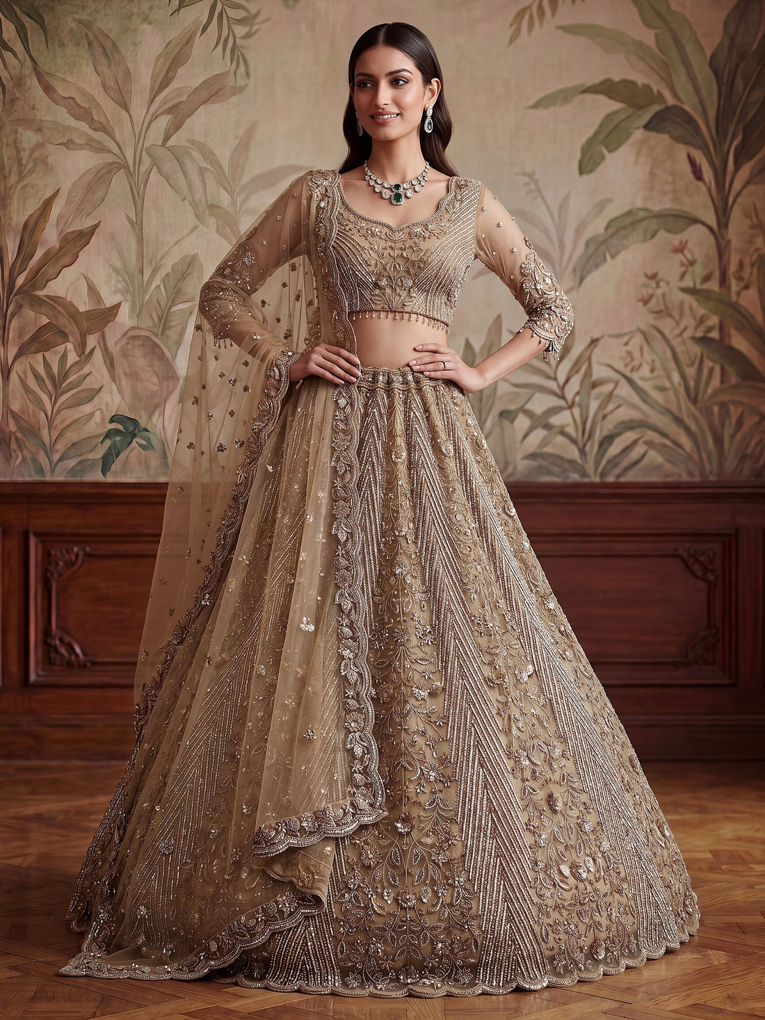 Glowing Beige Embroidery Net Reception Wear Lehenga Choli With Dupatta