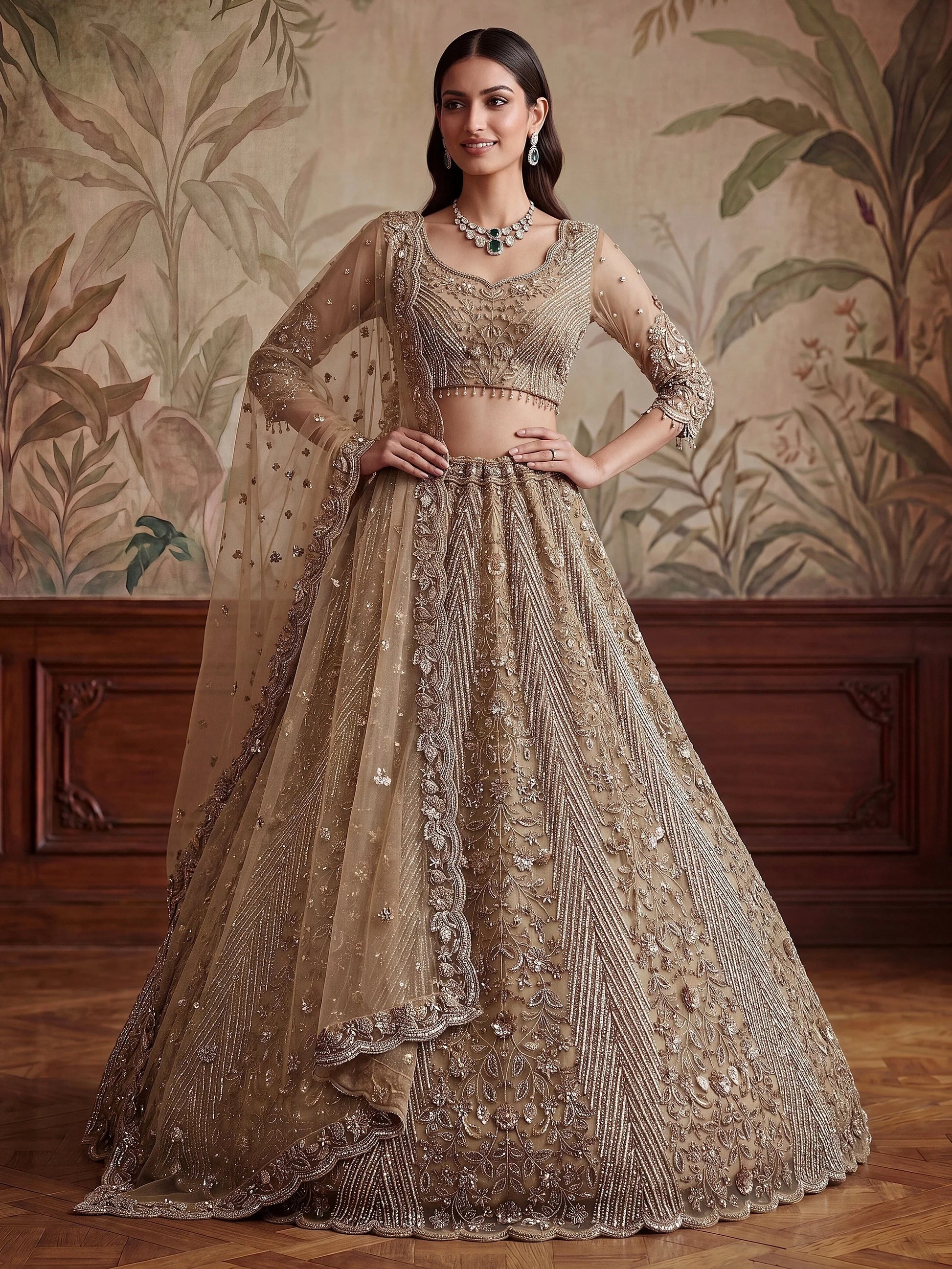 Glowing Beige Embroidery Net Reception Wear Lehenga Choli With Dupatta