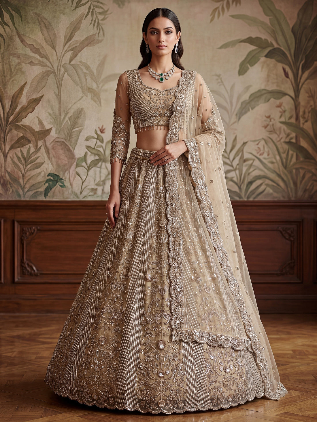 Glowing Beige Embroidery Net Reception Wear Lehenga Choli With Dupatta