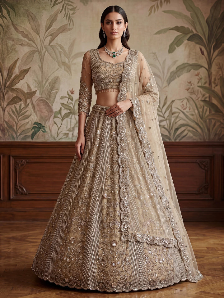 Glowing Beige Embroidery Net Reception Wear Lehenga Choli With Dupatta